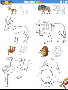Drawing and coloring worksheets set with animals Illustrazione stock