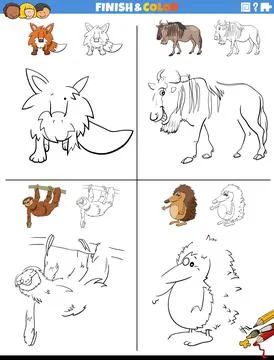 Drawing and coloring worksheets set with animals Stock-Illustration