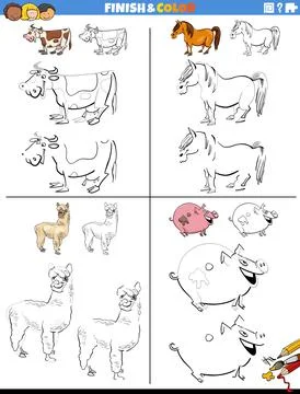 Drawing and coloring worksheets set with farm animals Stock Illustration