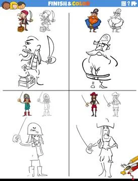 Drawing and coloring worksheets set with pirates Illustrazione stock