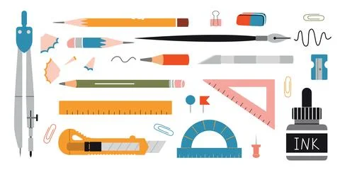 Drawing and graphics tools set, cartoon style. Mechanical drawing supplies li Illustrazione stock