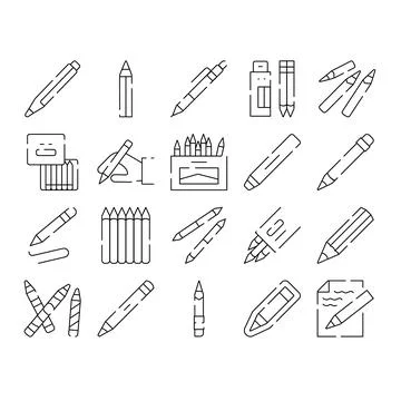 Drawing and writing tools line art icons set Stock Illustration