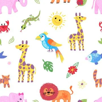 Drawing animal pattern. Children hand drawn crayons animals, color pencil paint Stock Illustration