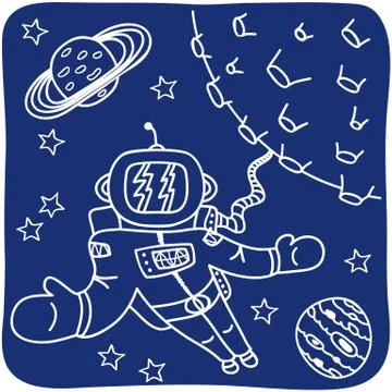 Drawing of an astronaut and planets Stock Illustration