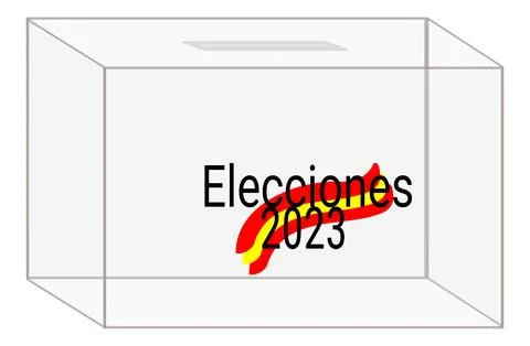 Drawing of a ballot box with the text Elections 2023 over the flag of Spain Stock Illustration
