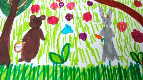 	The drawing of a bear and hare in the forest. 스톡 동영상 104085513