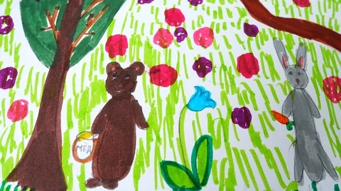 	The drawing of a bear and hare in the forest. 스톡 동영상 104085533