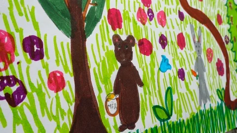 The drawing of a bear and hare in the forest. 스톡 동영상 104098676