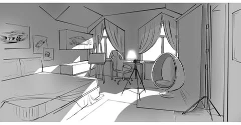 Drawing of a bedroom Stock Illustration