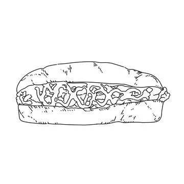 A drawing of a beef sandwich with melted cheese and mustard for lunch coloring p Stock Illustration