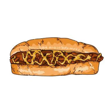A drawing of a beef sandwich with melted cheese and mustard for lunch on restaur 库存插图