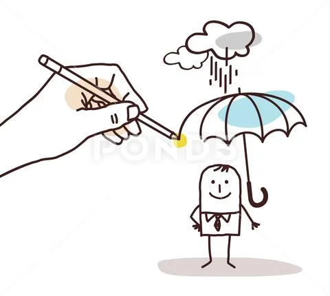Drawing Big Hand - Cartoon Man with Umbrella Stock Illustration