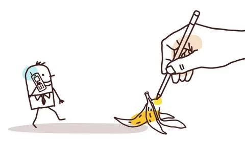Drawing Big Hand - Cartoon Walking Man and Banana Peel Ilustração Stock