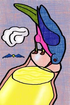 Drawing bird drinking in the bottle Stock Illustration