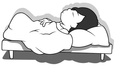 Drawing of a Black-haired Boy Sleeping in Bed Stock Illustration
