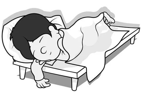 Drawing of a Black Haired Boy Sleeping in Bed Stock Illustration
