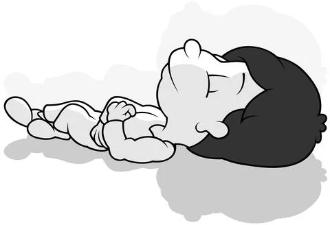Drawing of a Black Haired Boy Sleeping on the Ground Stock Illustration