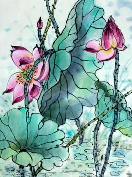 Drawing of a blossoming lotus Illustrazione stock
