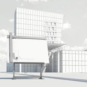 Drawing board and draft of the modern office building. 3d rendering Fotos de archivo