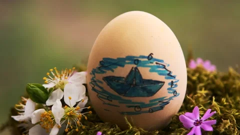 Drawing of a boat on an Easter egg. Tradition of celebrating Easter. Stock Footage 146997397