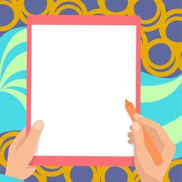 Drawing Of Both Hands Holding Tablet Lightly Presenting Wonderful Ideas. Pair Stock Illustration