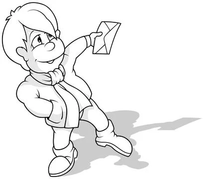 Drawing of a Boy in Winter Clothes Holding a Mail Envelope Stock Illustration