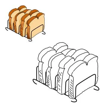 A drawing of a bread rack with slices of fresh bread. Pastry food bakery colorin 스톡 일러스트