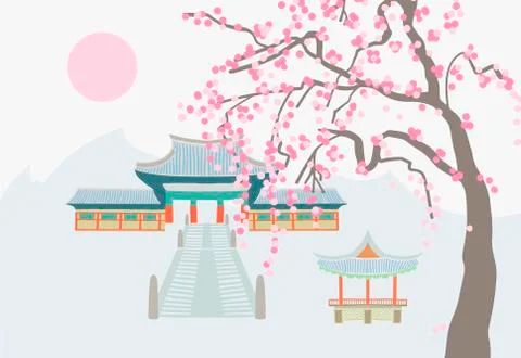 Drawing of a buddhist temple on a background of sunset and blooming sakura Stock Illustration