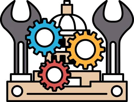 A drawing of a building with a large red and blue wheel on top of it Ilustración de archivo