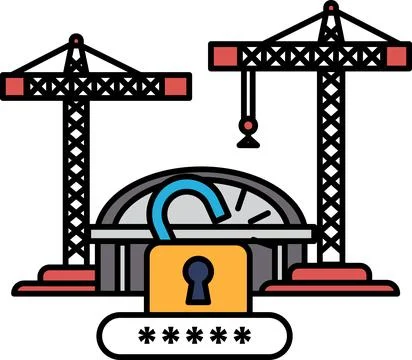 A drawing of a building with a lock on it and a crane in the background Ilustración de archivo