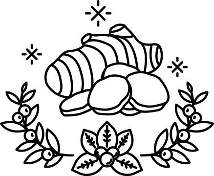 A drawing of a bunch of herbs and berries with a leafy border Illustrazione stock