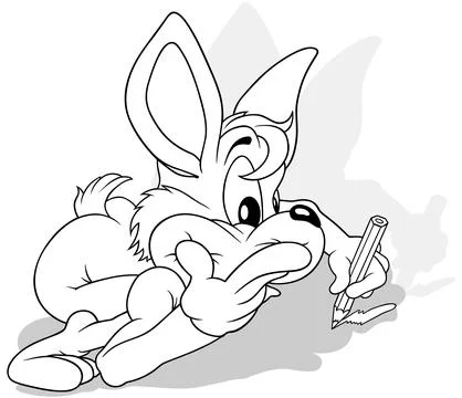 Drawing of a Bunny Lying on the Ground and Drawing with a Crayon Stock Illustration