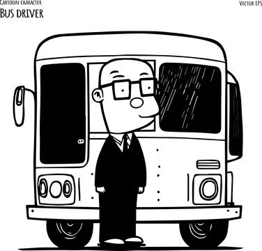 Drawing of a Bus with a Driver - Cartoon Illustration Isolated on White Stock Illustration