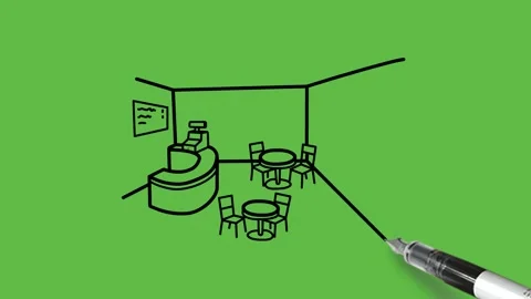 Drawing a cafe hall with sitting plan with blue and black colour combination Vidéo 152380317