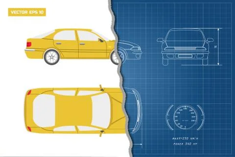 Drawing of car on blue background. Top, front, side view. Industrial blueprint Stock Illustration