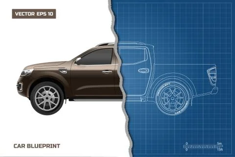 Drawing of car. Side view of pickup. Industrial blueprint of SUV Illustrazione stock