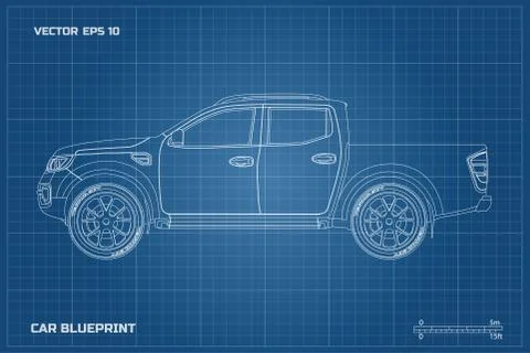Drawing of car. Side view of pickup. Industrial blueprint of SUV Stock Illustration