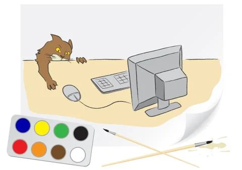 Drawing cat and computer Stock Illustration