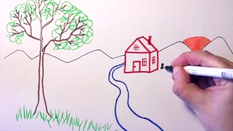 Drawing a cat next in simple kids landscape perspective drawing tutorial Stock Footage 171536119