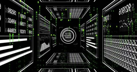 Drawing central circular data hub toward viewer in virtual 3D corridor, with Stock Illustration