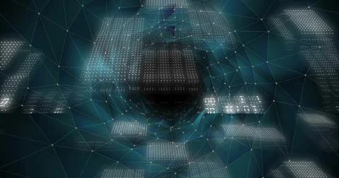 Drawing central dark core pulling triangular mesh and floating data panels Stock Illustration