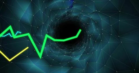 Drawing central dark vortex inward in 3D tunnel, mesh receding with neon zigzag Stock Photos