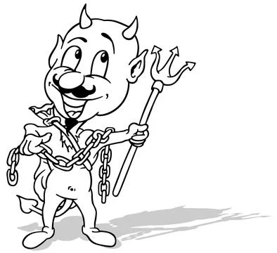 Drawing of a Cheerful Horned Devil Holding a Trident Stock Illustration