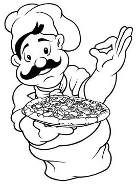 Drawing of a Chef Holding a Pizza Stock Illustration