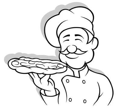 Drawing of a Chef Holding a Pizza Stock Illustration