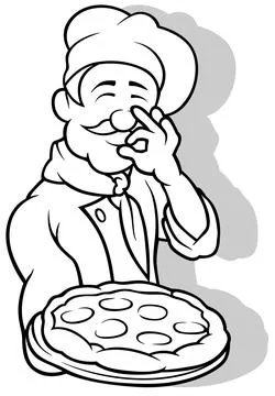 Drawing of a Chef Holding a Pizza Stock Illustration