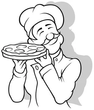 Drawing of a Chef Holding a Pizza Stock Illustration