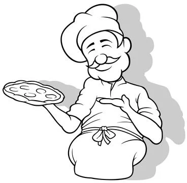 Drawing of a Chef Holding a Pizza Stock Illustration