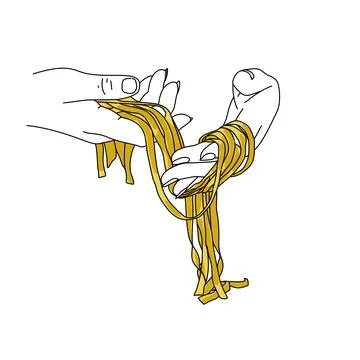 A drawing of chef two hands cooking and holding spaghetti. Cooking tagliatelle Stock Illustration