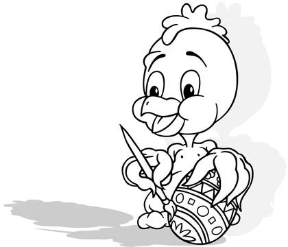 Drawing of a Chicken Drawing an Easter Egg with a Brush Stock Illustration